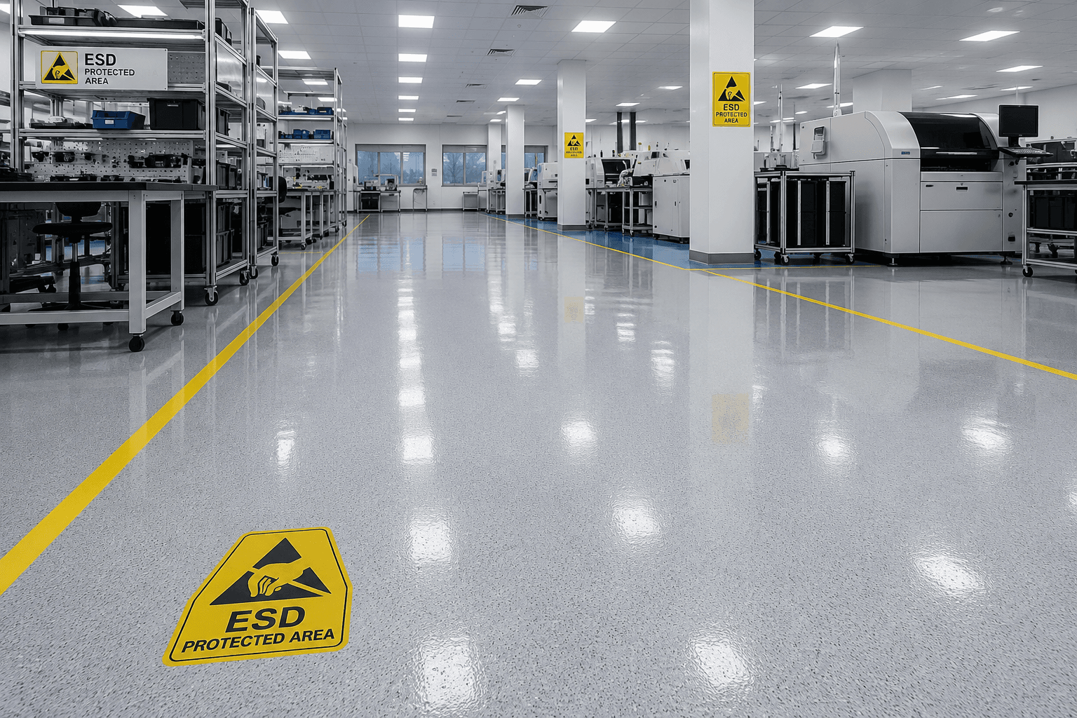 ESD anti-static flooring installed in an electronics manufacturing facility in Chennai